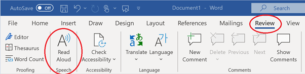 image showing the Review ribbon in Word 365 with the Read Aloud button highlighted