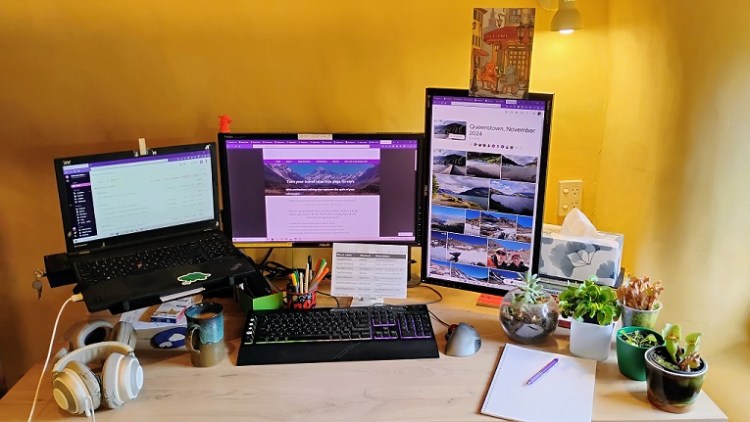 Deborah's desk. A laptop is on a stand. There is a landscap monitor and a portrait monitor. The desk has on it two sets of headphones, a but of tea, a black keyboard, a mouse, a pan and purple pen, a cup with pencils and felt tip pens, and five pot plants,