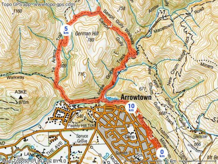 Topo50 map showing the Sawpit Gully loop to the north of Arrowtown.