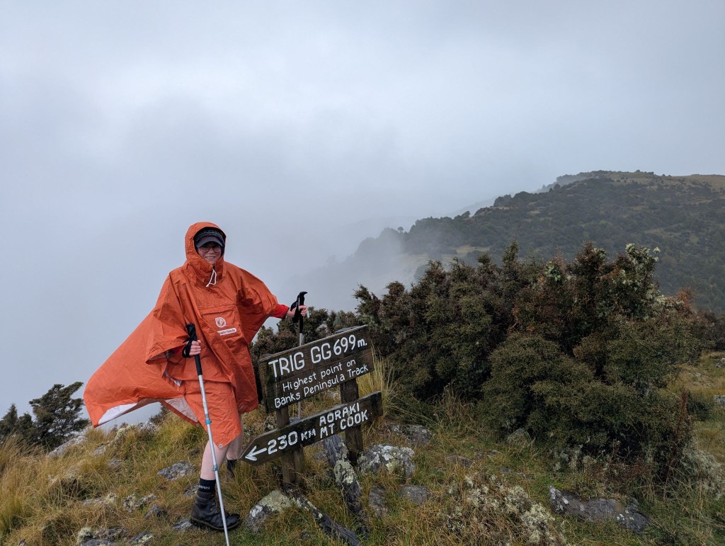 Deborah wears a bright orange rain poncho that flaps in the wind. She is at the highest point on the Banks Track at 699 metres. The view is of native bush and low cloud.