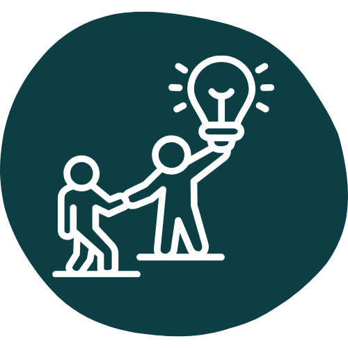 Two stick figures, one helping the other, with one figure holding a lightbulb symbolising an idea or inspiration.